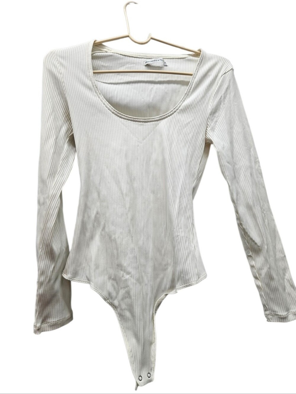 Abercrombie & Fitch Cream Ribbed Long Sleeve Scoop-Neck Bodysuit